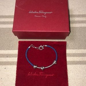 Ferragamo Mens Blue Nodo Silver & Leather Bracelet